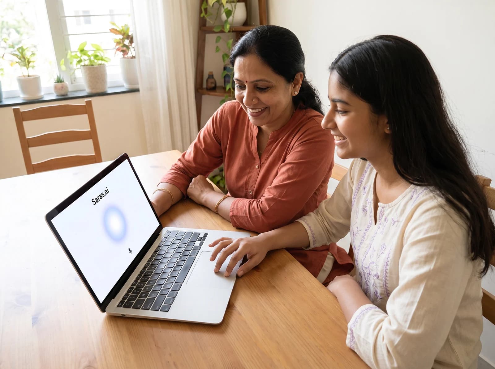 A smiling mother and daughter using Saras AI on a laptop.