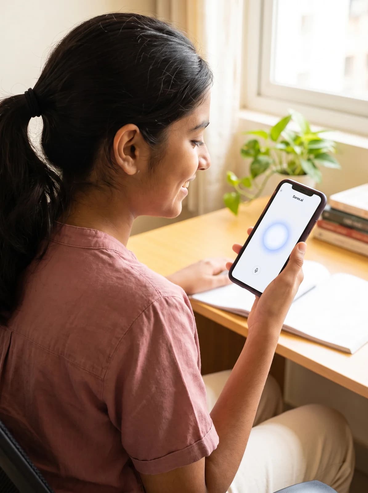 A happy teen using the visible Saras AI voice screen on a phone.