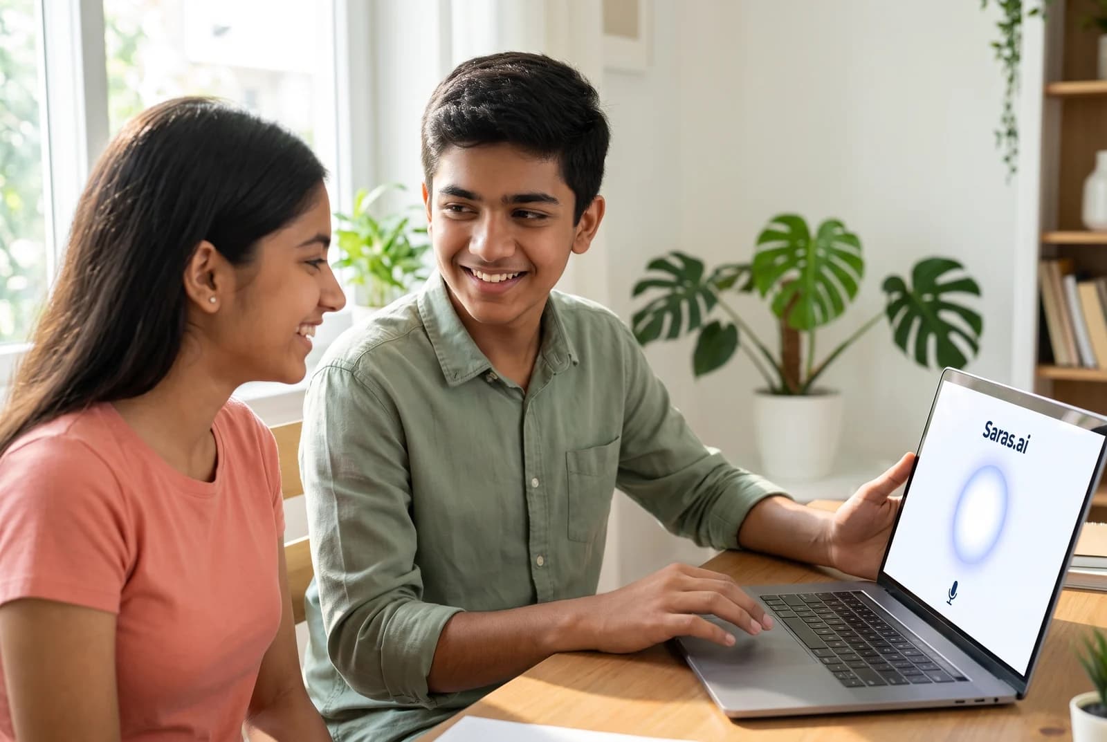 Two smiling students with Saras AI on a laptop.